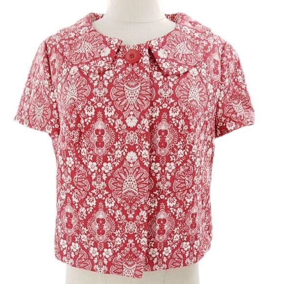 Loft red & white cotton matelasse short sleeve jacket w/ peter pan collar size 6 - Picture 4 of 15